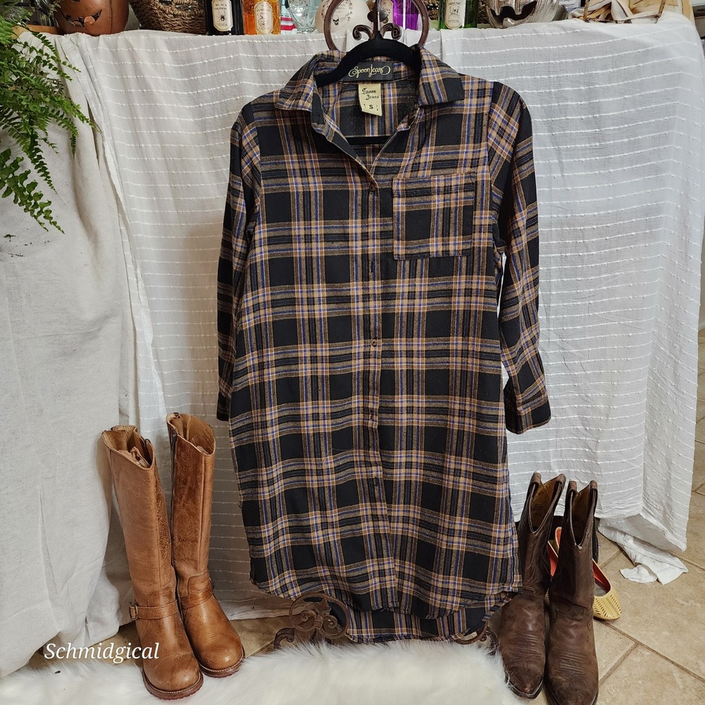 Spoon Jeans Women Brown Black Plaid Long Sleeve Button Down Shirt Dress Small